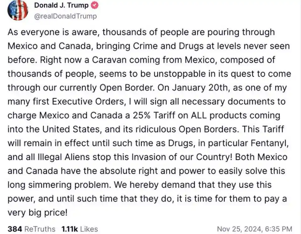 A screenshot of a tweet from Donald J. Trump's Twitter account, featuring a long text post that falsely claims he will…
