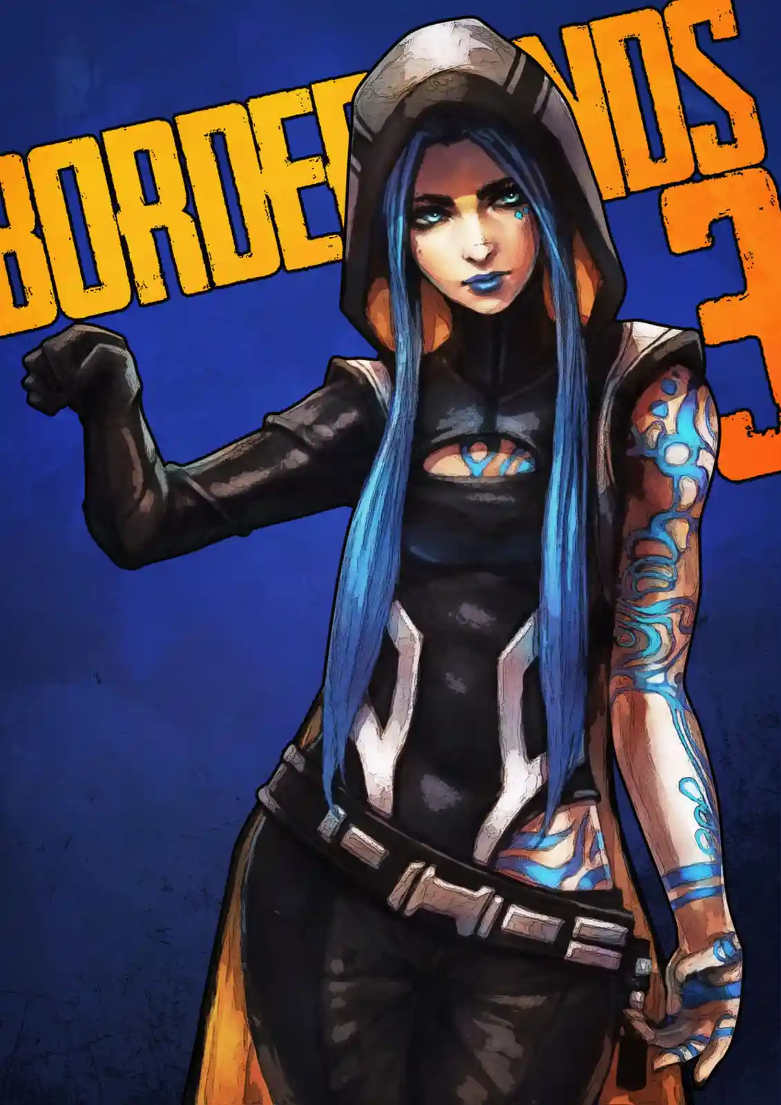 A stylized illustration of a female character with long blue hair, wearing a hooded outfit with blue tattoos and a belt, set…