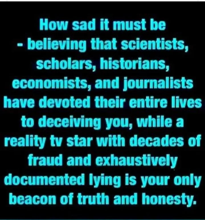 A black background with glowing cyan text that reads: 'How sad it must be - believing that scientists, scholars, historians…