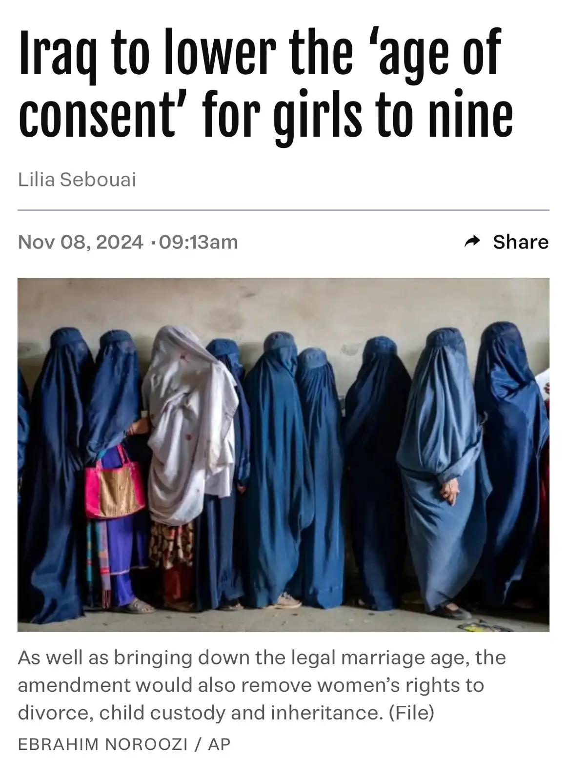 A news article screenshot shows a headline about Iraq lowering the age of consent to nine, paired with a photo of several…