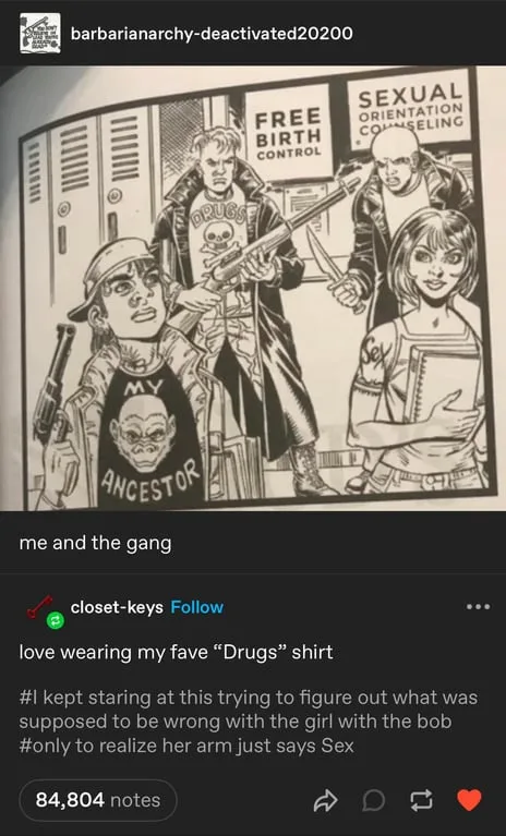 A black-and-white comic panel shows four teenagers in a school hallway with lockers. One boy wears a shirt with a skull and…