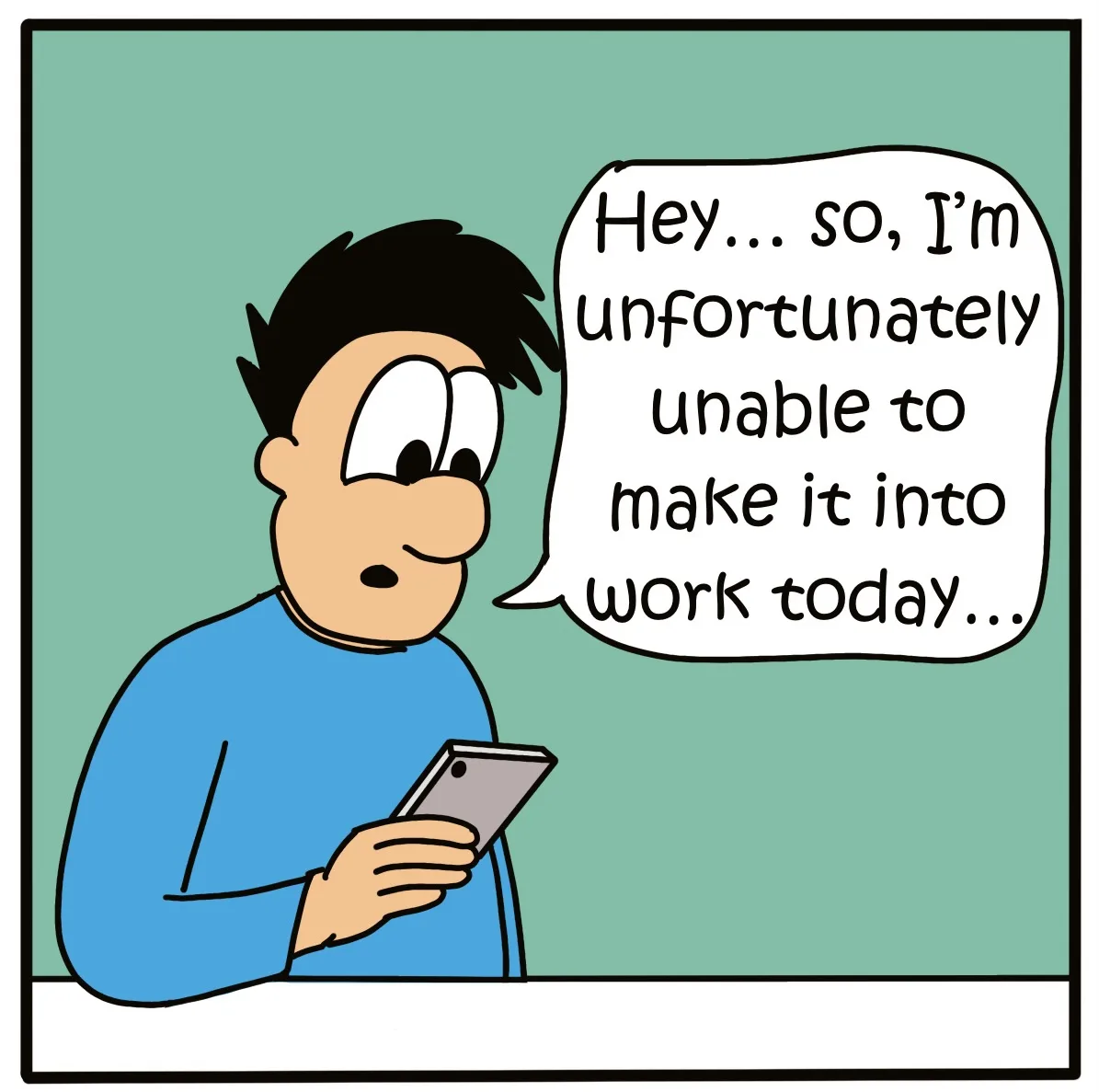 A cartoon man in a blue shirt holds a smartphone and looks surprised or apologetic as he speaks. A speech bubble next to him…