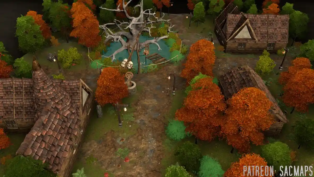 An overhead view of a rustic, autumn-themed village with wooden houses, orange and green trees, a central pond surrounded by…