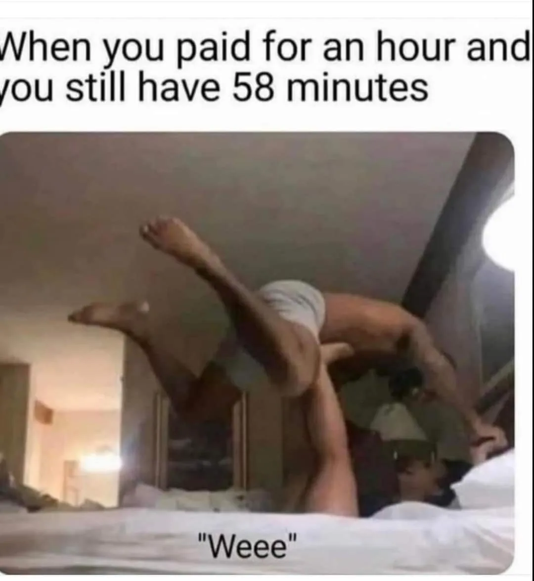 A person is captured mid-air in a dynamic, playful pose on a bed, seemingly celebrating or enjoying themselves. The overlaid…