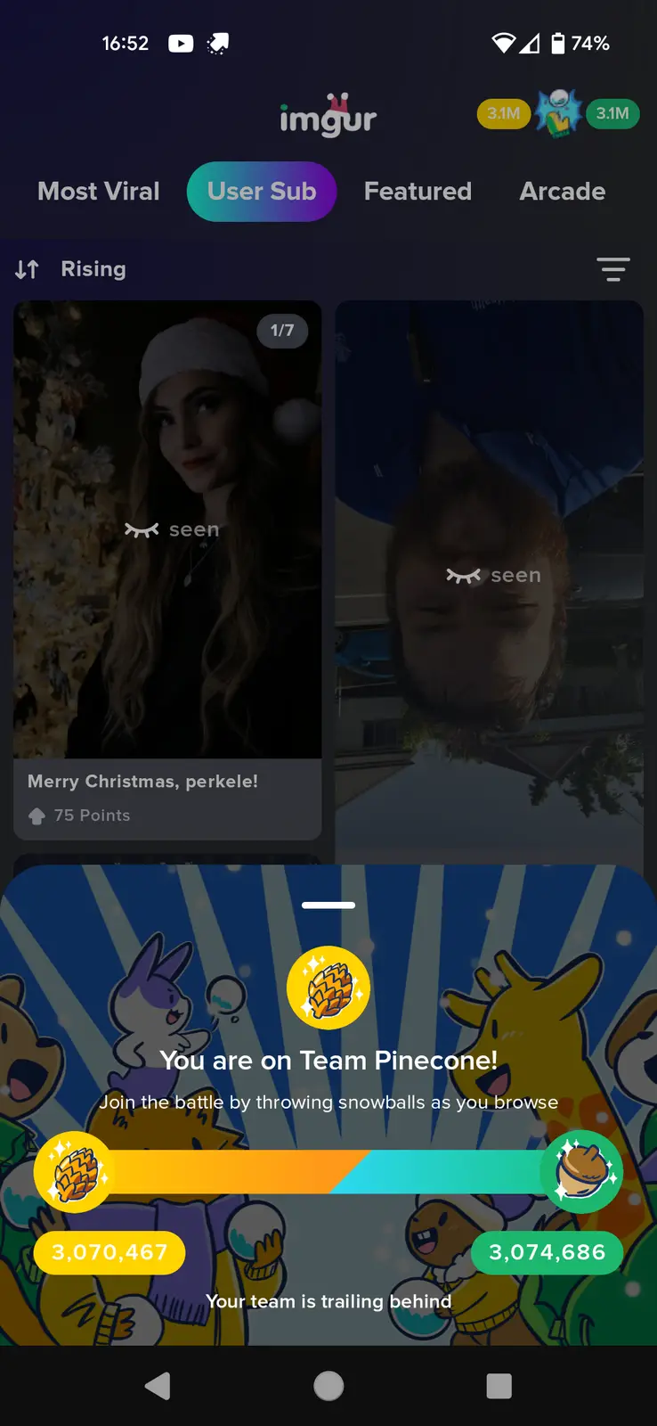 An Imgur app screenshot showing a Christmas-themed 'snowball battle' overlay. The overlay states 'You are on Team Pinecone!'…