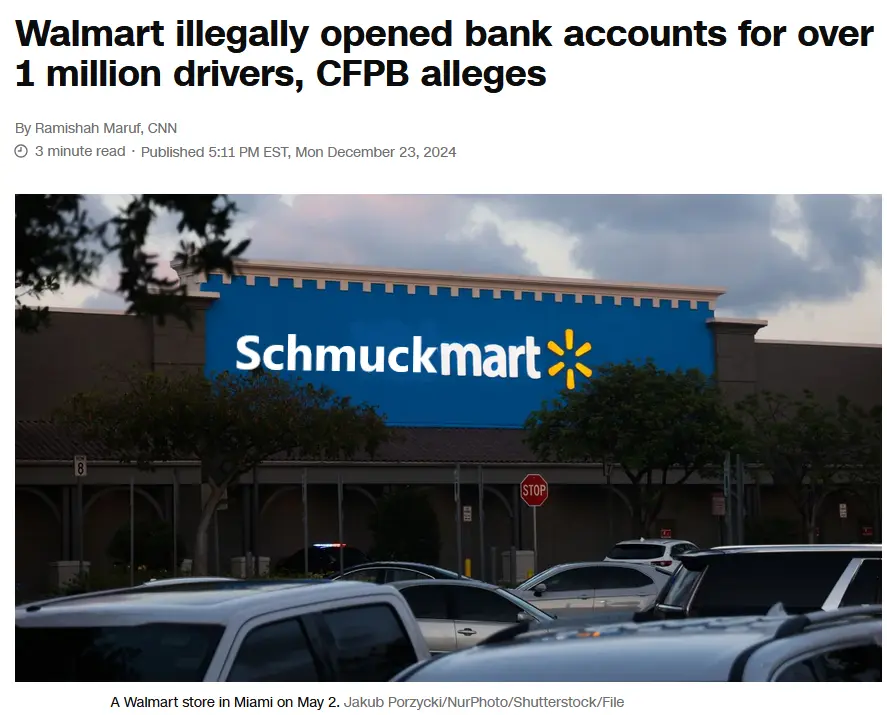 A news article screenshot shows a Walmart store with its sign digitally altered to read 'Schmuckmart' in white text on a…