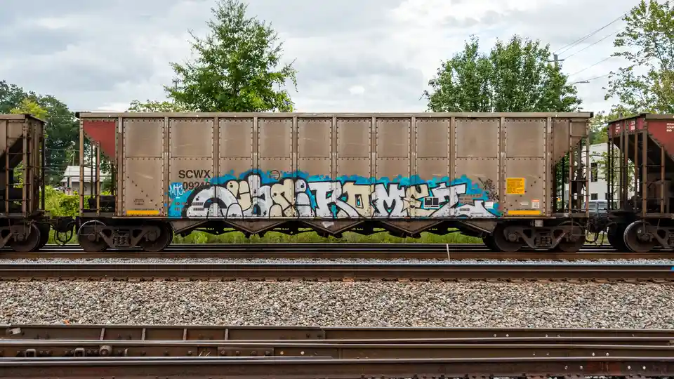 A side view of a brown freight train car with graffiti reading 'couch from me' in large white and blue letters. The car is…