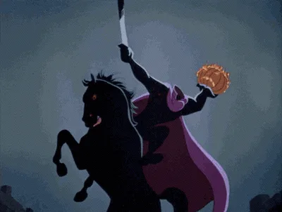 A six-panel animated sequence from Disney's 'The Nightmare Before Christmas' shows a silhouetted figure on a black horse…