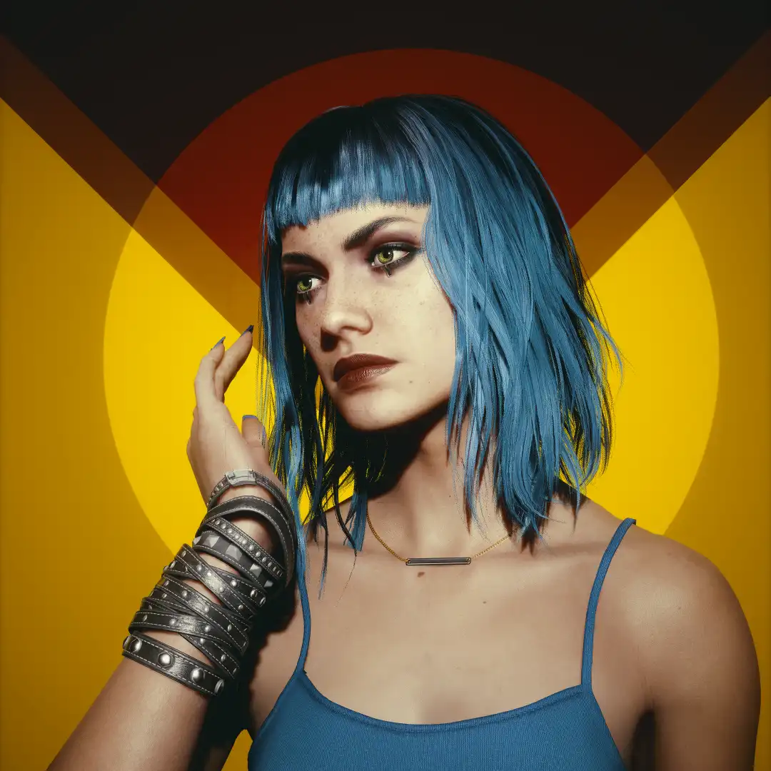 A woman with blue hair and bangs, wearing a blue top and multiple leather bracelets, poses against a geometric background of…