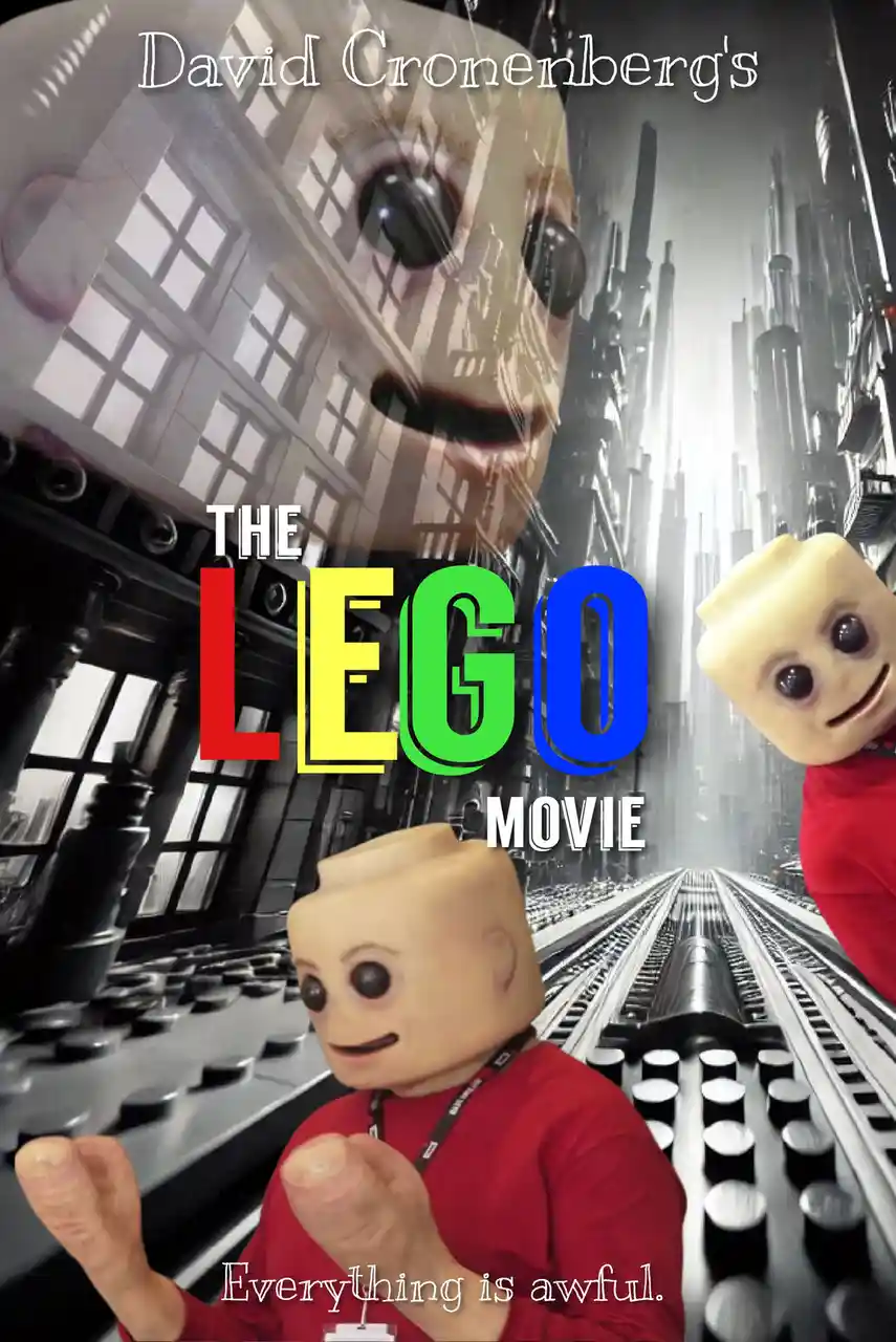 This image is a parody movie poster for 'The LEGO Movie,' featuring a distorted, unsettling version of the film's title and…