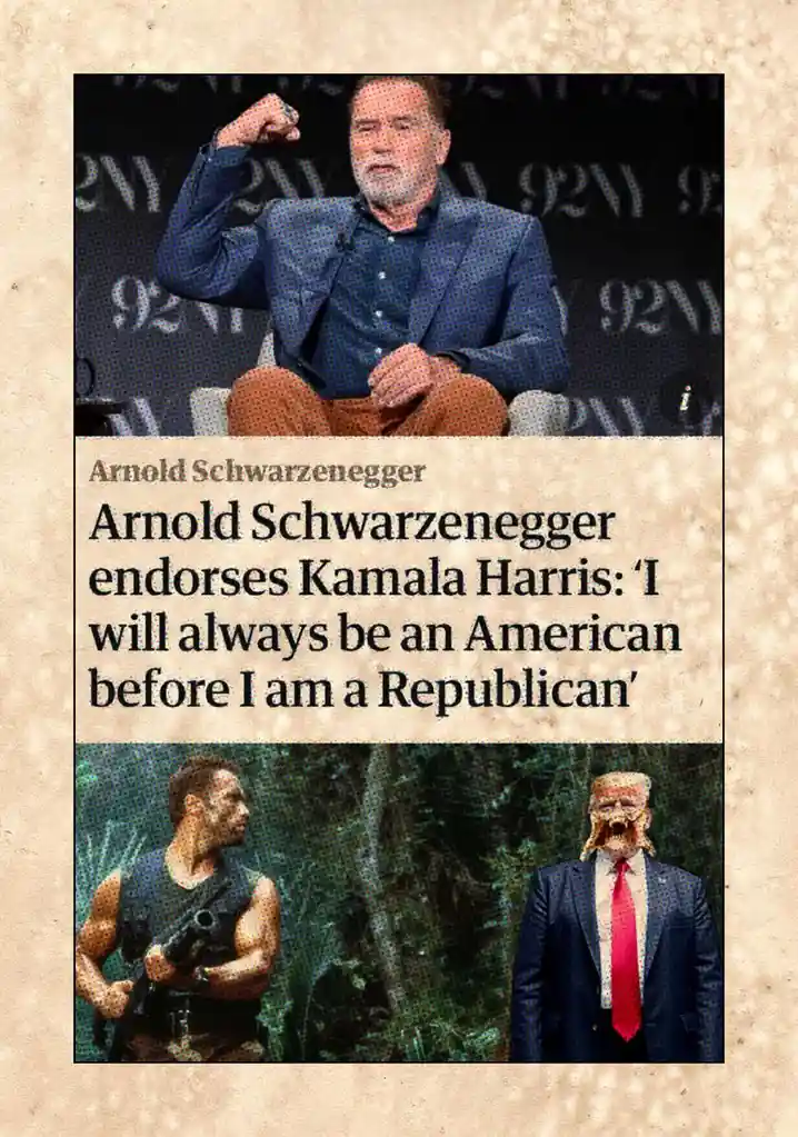 The image is a three-panel meme with a newspaper-style layout. The top panel shows Arnold Schwarzenegger seated, flexing his…