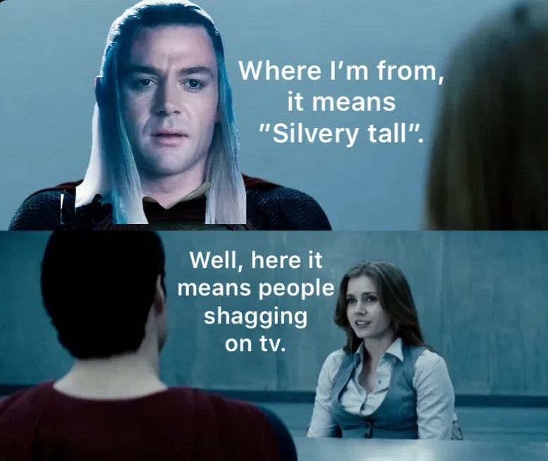 The top panel shows a man with long silver hair looking serious, with text saying 'Where I'm from, it means "Silvery tall".'…