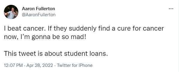 A screenshot of a tweet by Aaron Fullerton that reads: 'I beat cancer. If they suddenly find a cure for cancer now, I'm…