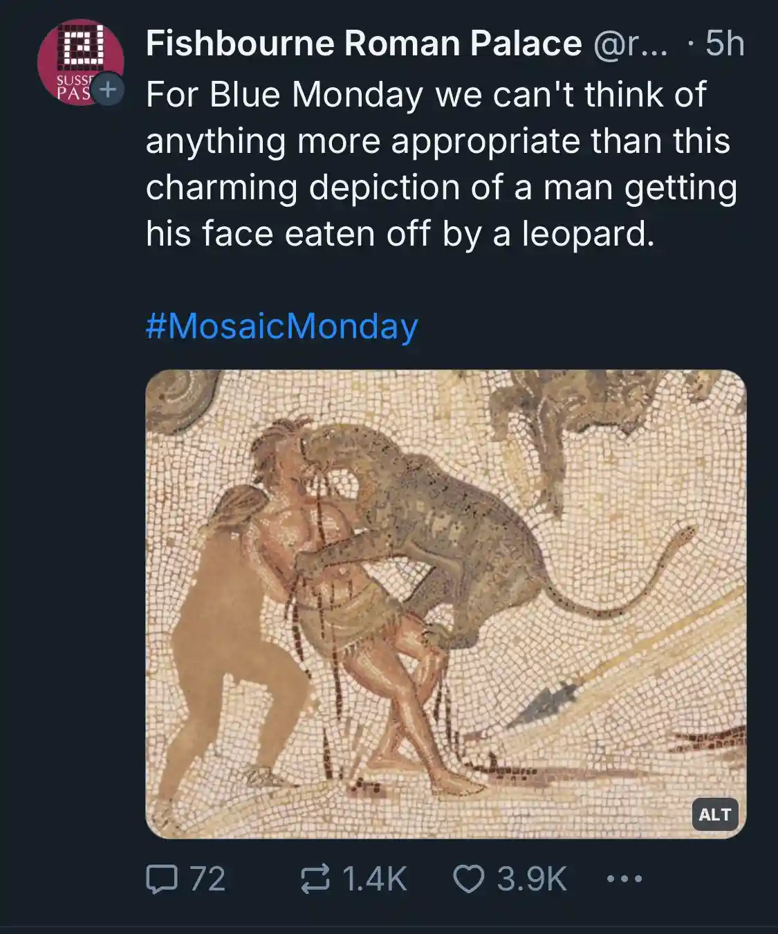 A Roman mosaic depicts a leopard attacking a man, biting into his face. The overlaid text from Fishbourne Roman Palace…