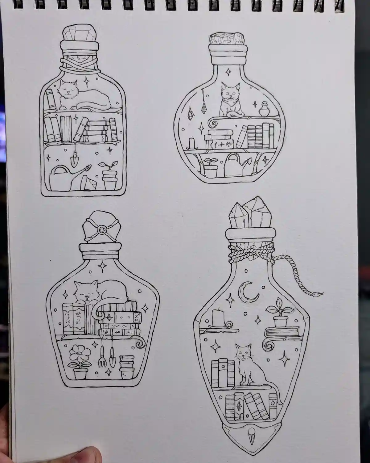 A black-and-white line drawing on a spiral-bound notebook shows four distinct potion bottle designs, each containing a…