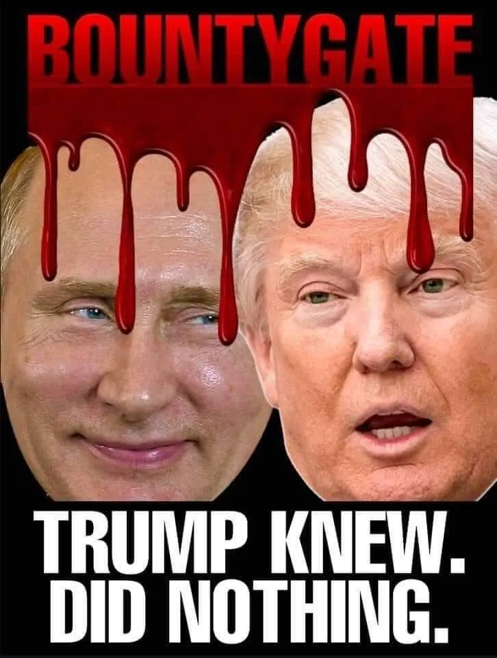 The image displays two superimposed faces: Vladimir Putin on the left with a smug expression, and Donald Trump on the right…