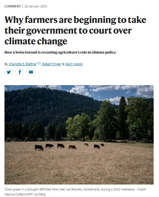 A news article screenshot shows a headline about farmers suing their government over climate change, with a photo below of…