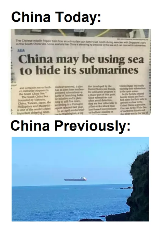 The meme displays two images: the top shows a newspaper clipping with the headline 'China may be using sea to hide its…