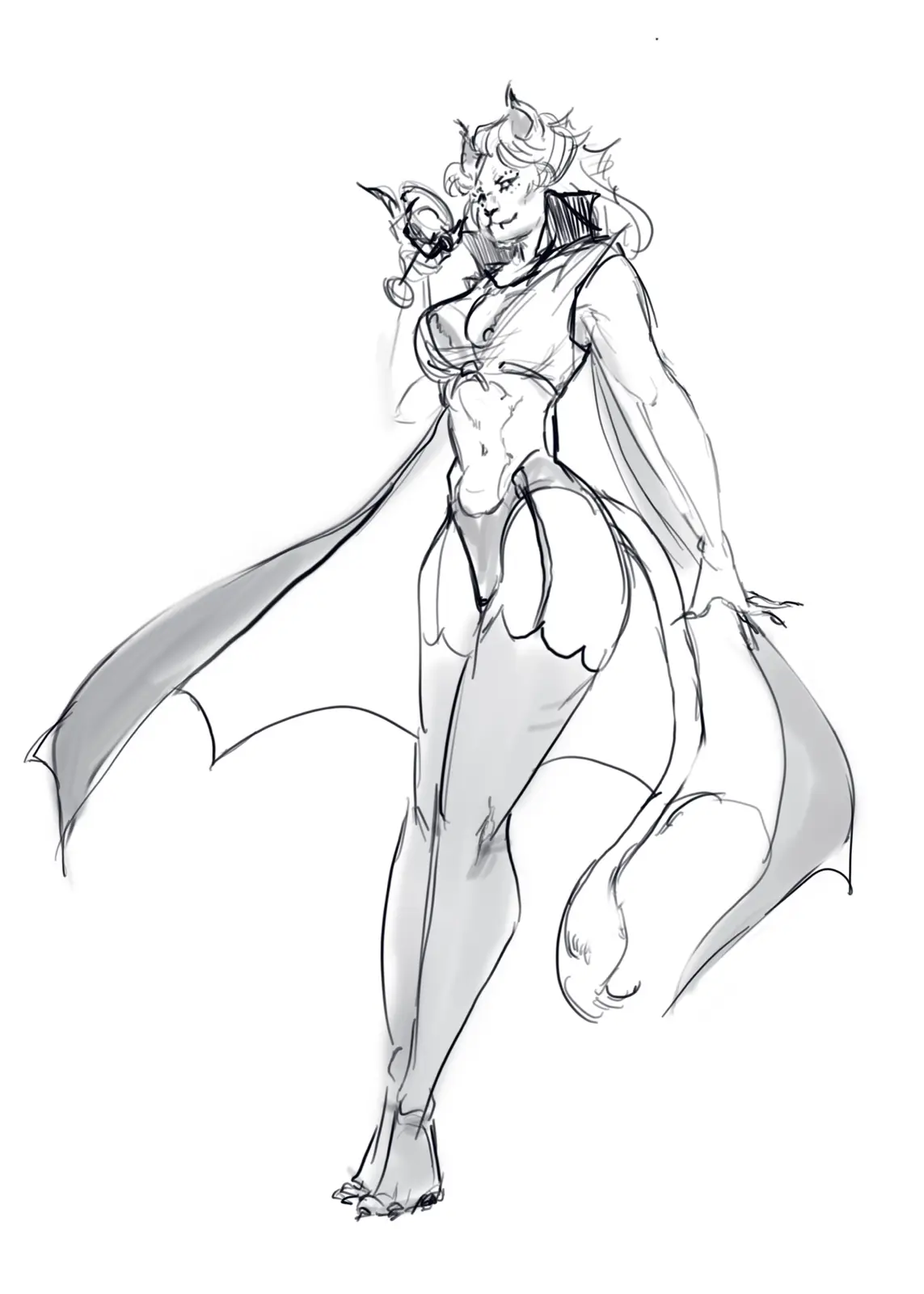 A black-and-white sketch depicts a female demon-like character with bat wings, horns, and a tail, wearing a revealing outfit…