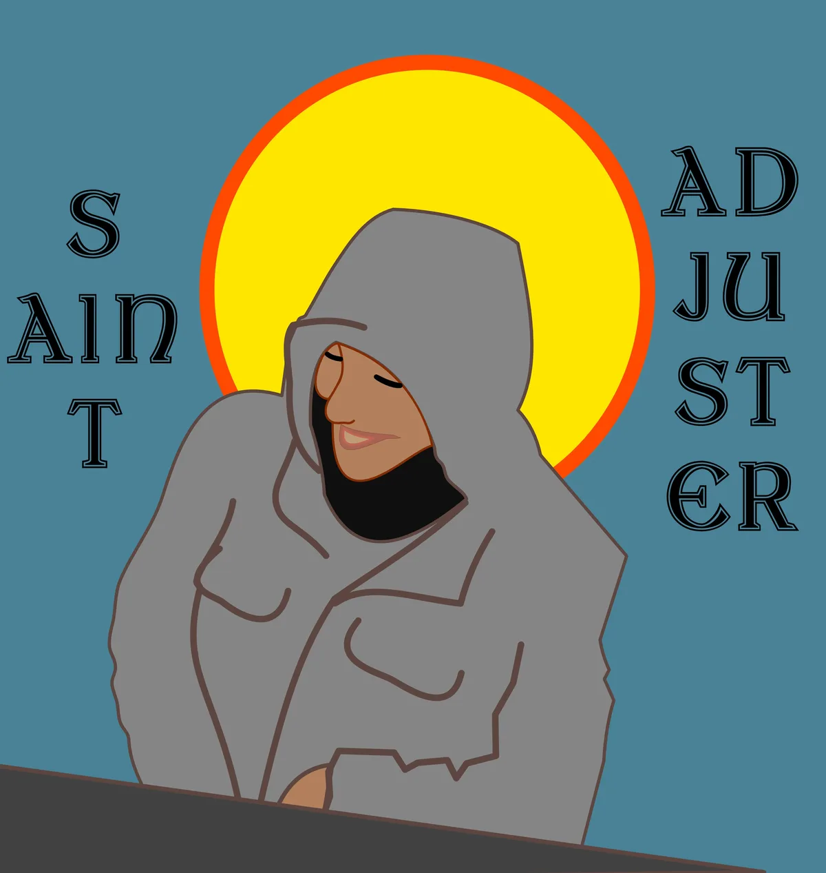 A cartoon illustration depicts a smiling person in a grey hoodie with a black face covering, seated and looking down, framed…