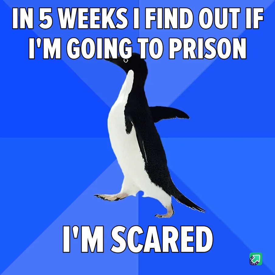 A black-and-white penguin stands on a blue background with diagonal light rays, looking anxious. The text above reads 'IN 5…