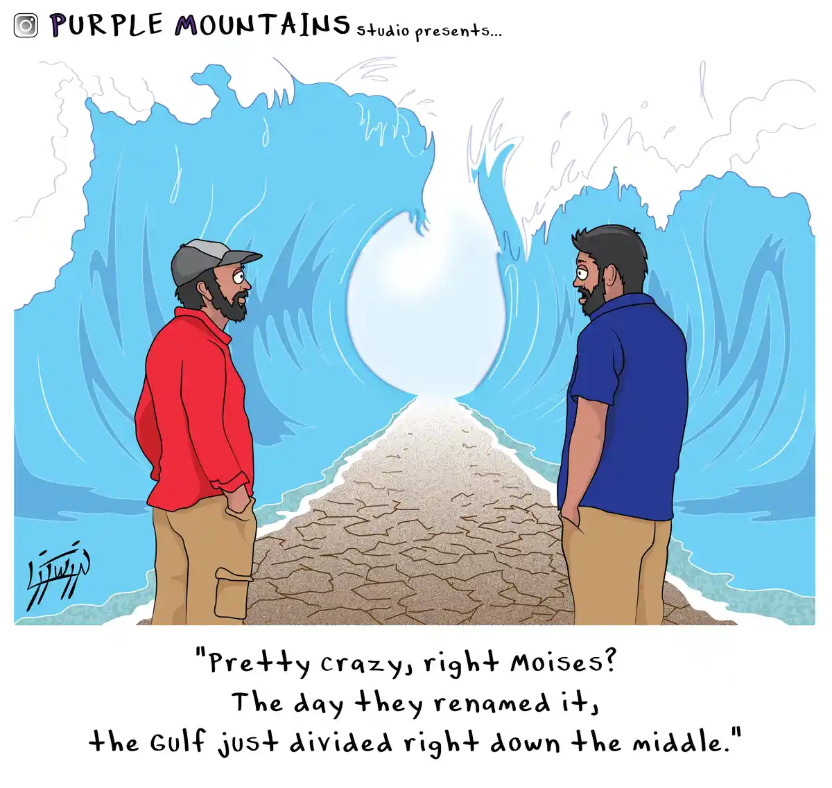 Two men stand on a cracked earth path facing each other, with massive blue waves forming a tunnel around them, revealing a…