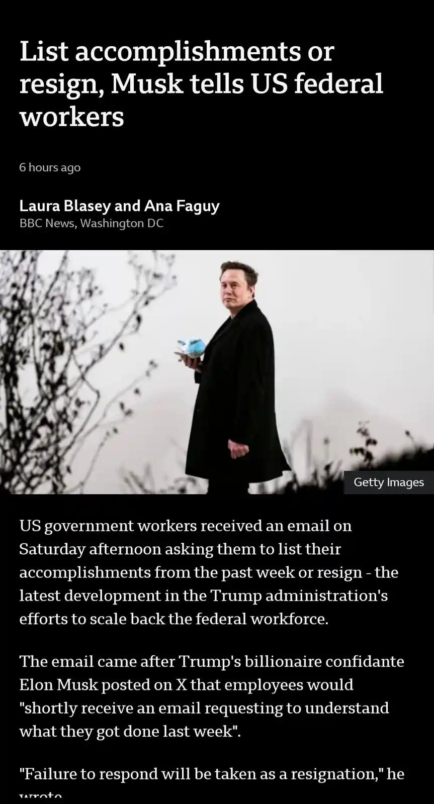 A screenshot of a BBC News article with a headline reading 'List accomplishments or resign, Musk tells US federal workers'…