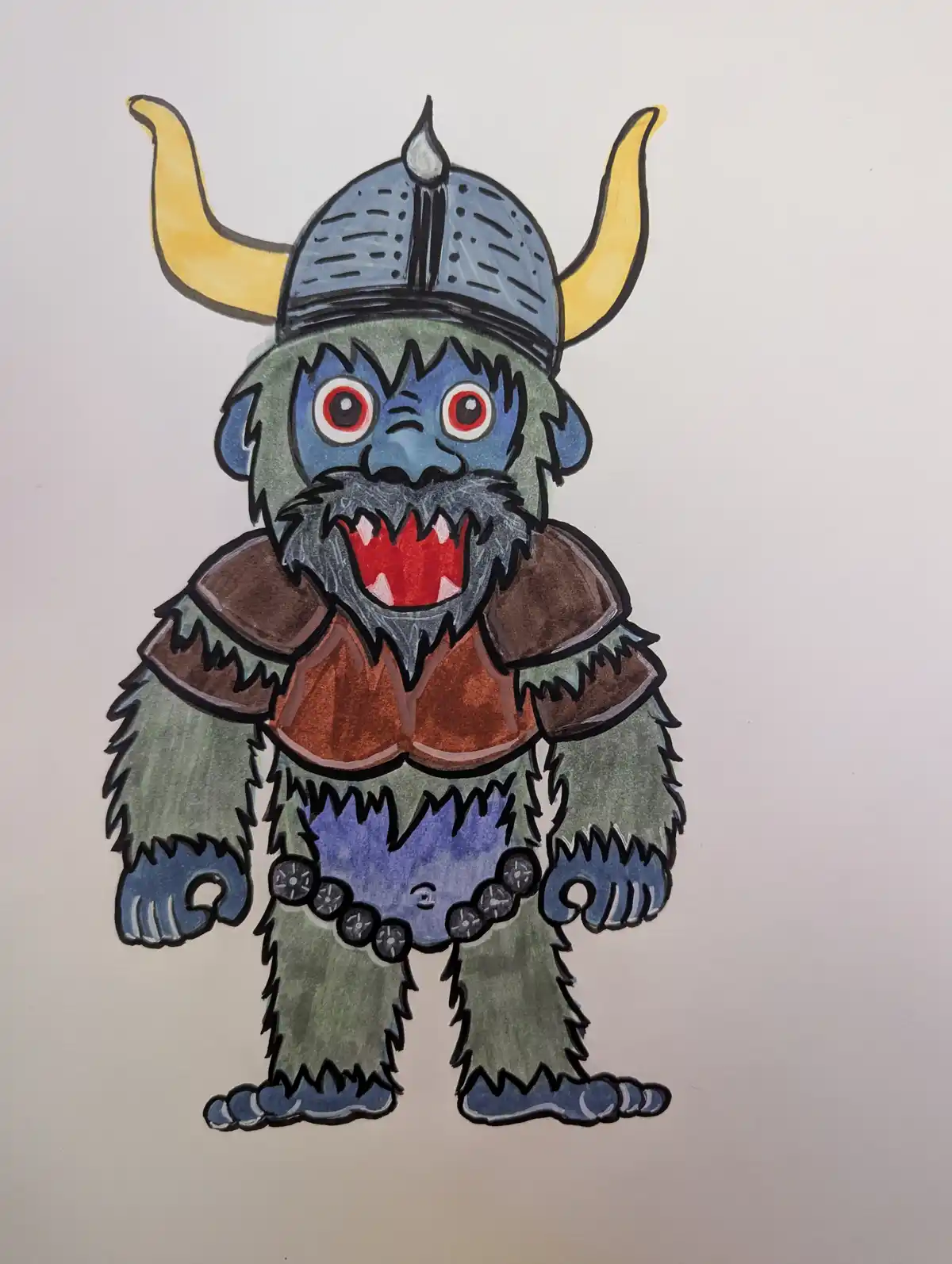 A hand-drawn cartoon illustration of a furry, blue-skinned monster with red eyes and sharp teeth, wearing a Viking helmet…