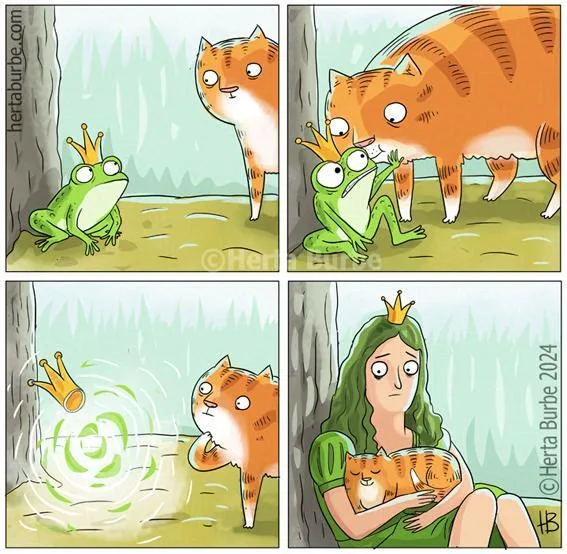 A four-panel comic strip by Herta Burbe shows a green frog wearing a golden crown telling an orange tabby cat it's a prince…