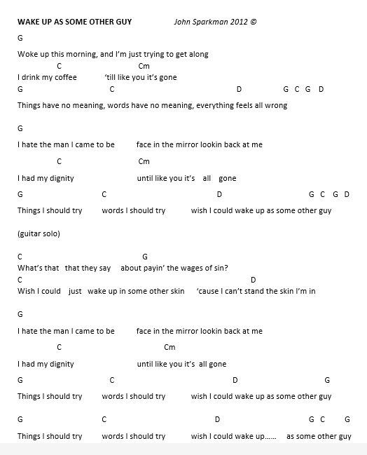 The image displays the sheet music for the song 'Wake Up as Some Other Guy' by John Sparkman, 2012, with chord symbols and…