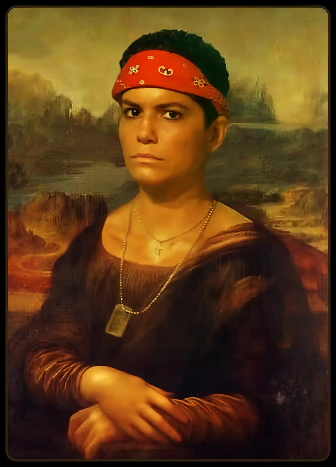 A person with short dark hair wearing a red bandana with white patterns, a dark brown top, and a dog tag necklace, is…