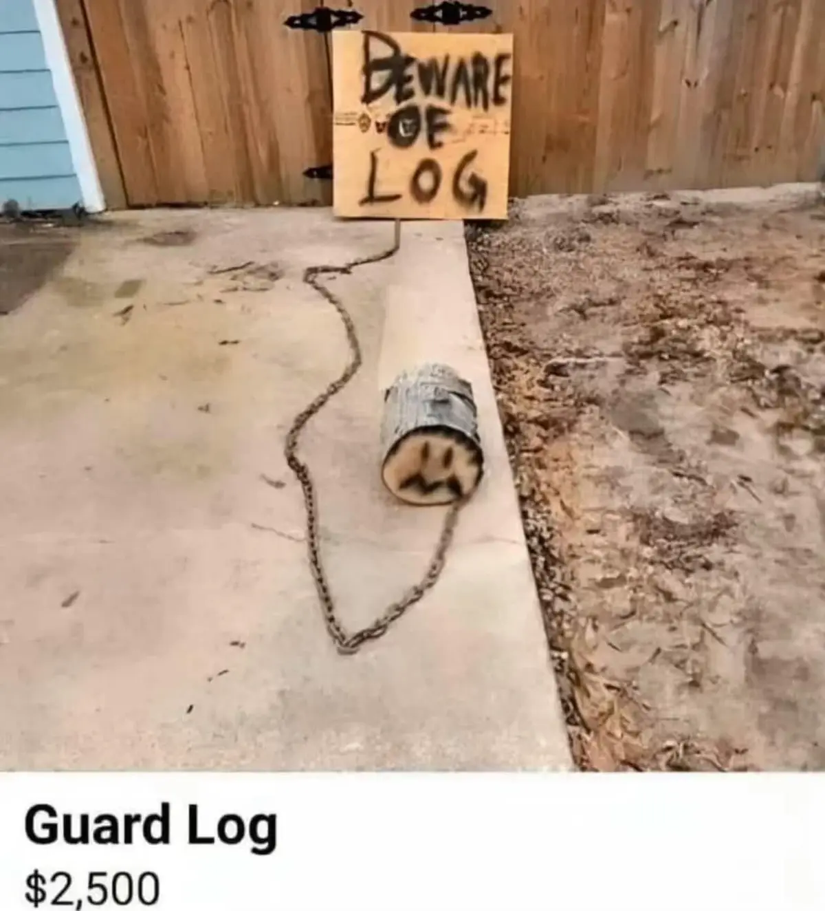 A log with a painted sad face sits chained to a concrete path, with a handmade wooden sign behind it that reads 'BEWARE OF…
