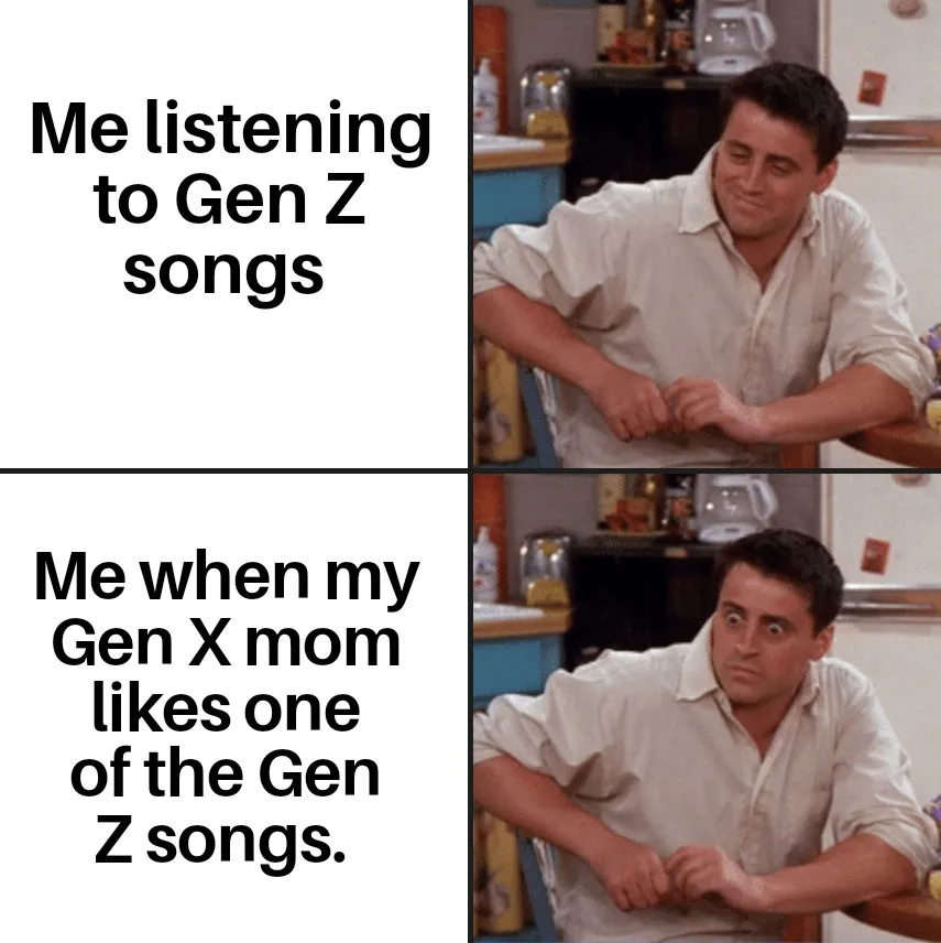 The image is a two-panel meme featuring Joey Tribbiani from the TV show 'Friends'. In the top panel, he has a smug…