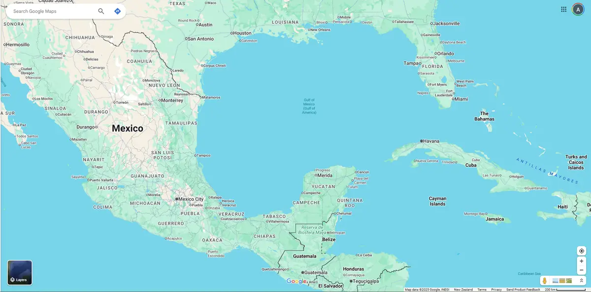 A Google Maps screenshot showing Mexico, the Gulf of Mexico, and parts of the Caribbean, with overlaid text reading 'i'm not…