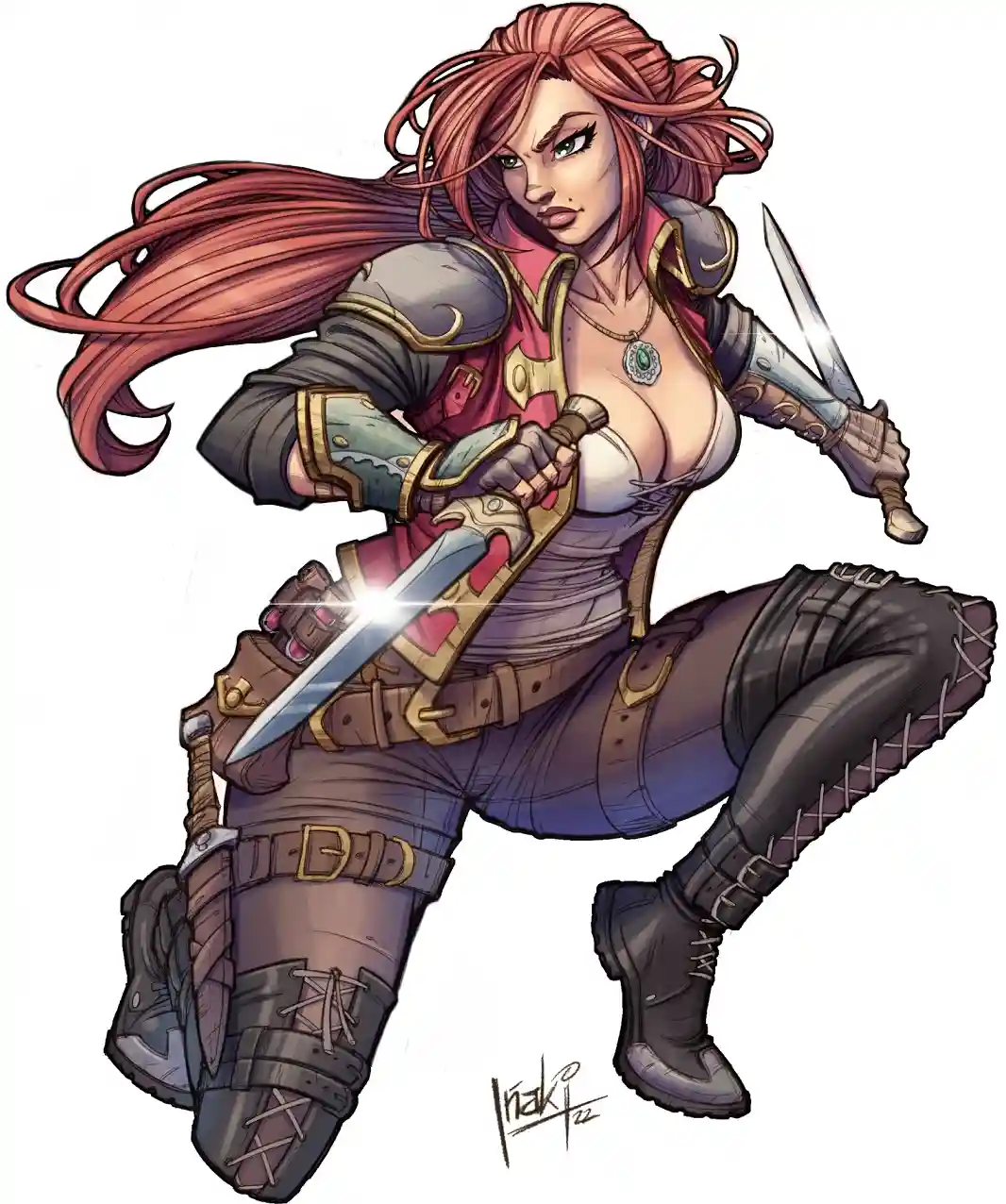 A female fantasy warrior with long red hair, wearing armor and wielding two swords, is shown in a dynamic combat pose. The…