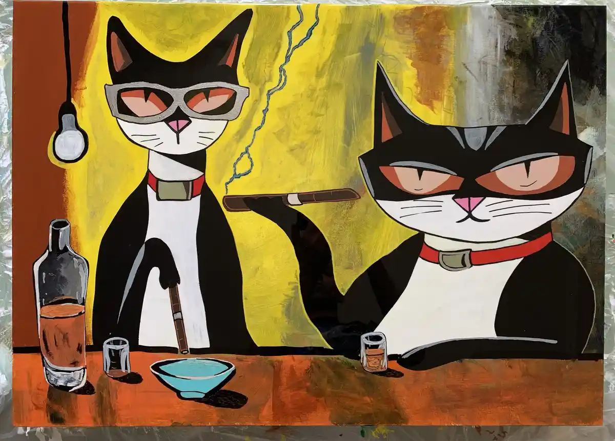 A stylized painting shows two black-and-white cats sitting at a bar. The cat on the left wears sunglasses and smokes a…