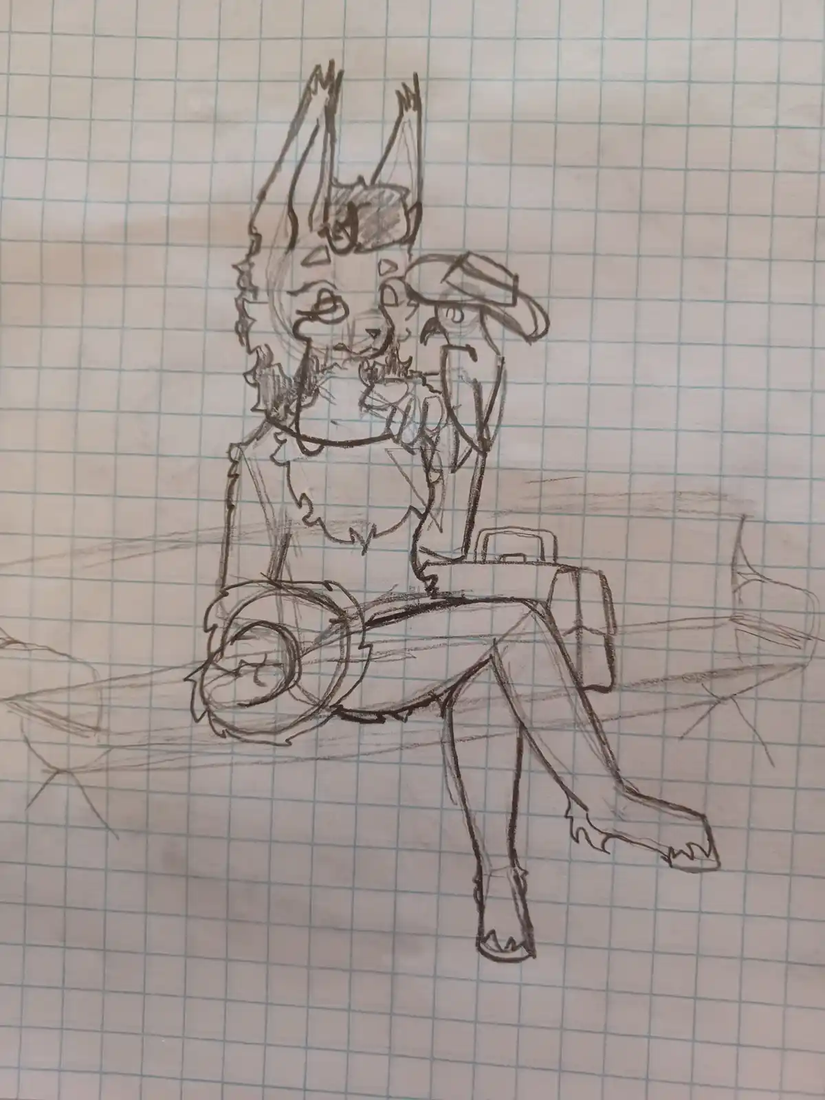 A hand-drawn sketch on graph paper depicts two anthropomorphic characters, one with large ears and a crown, the other…