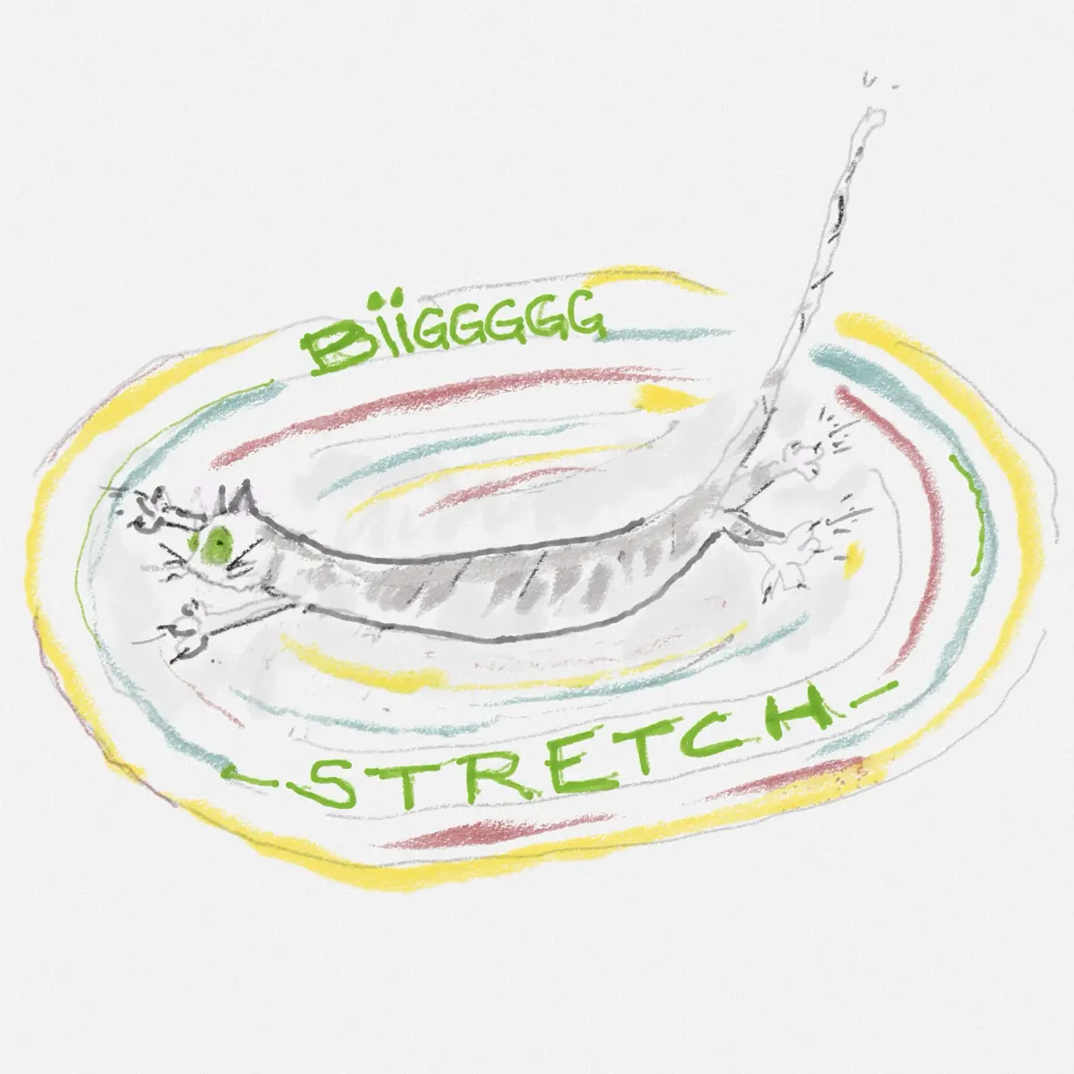 A hand-drawn sketch shows a grey cat stretching dramatically in a circular motion, with colorful concentric rings around it…