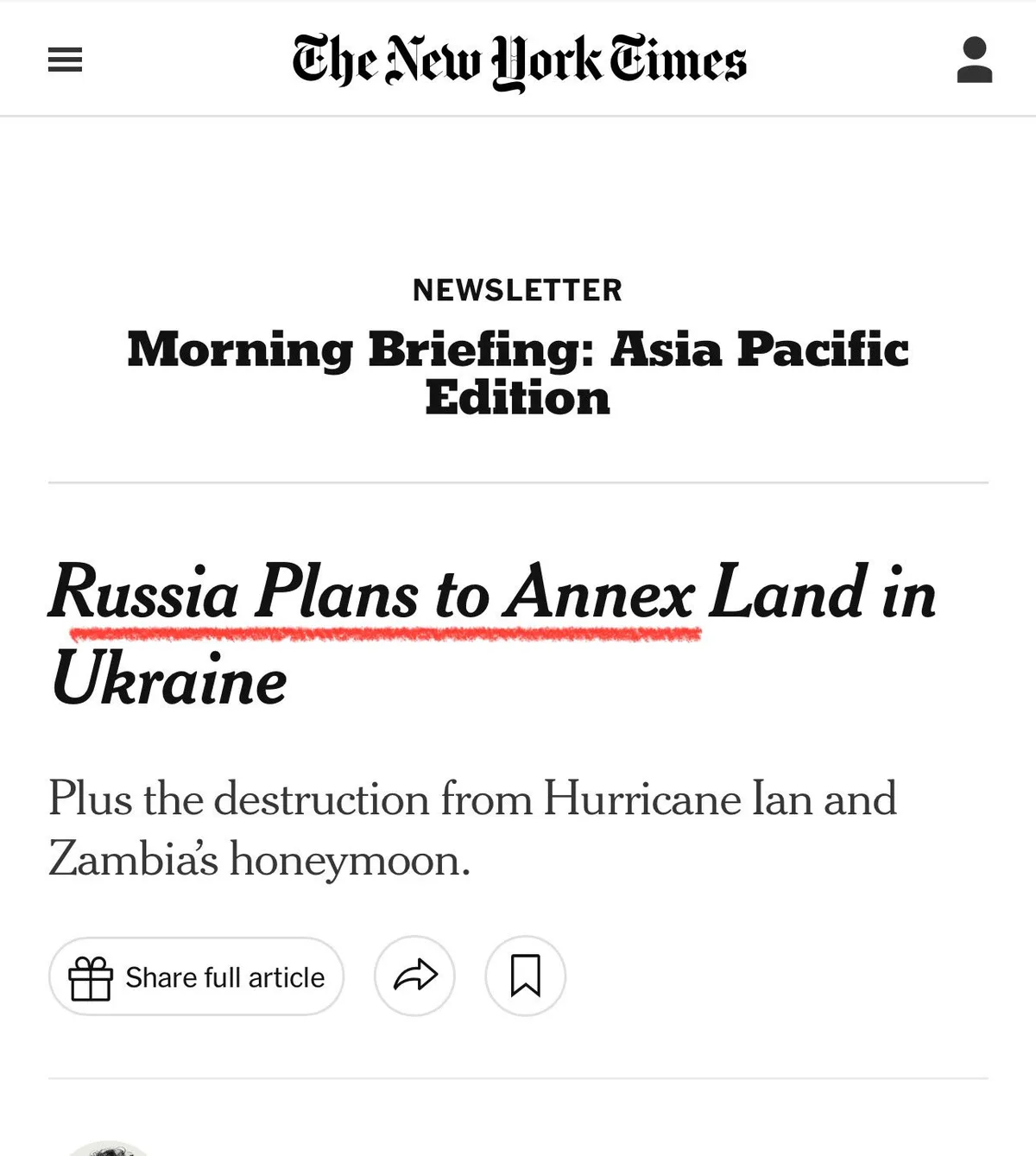 A screenshot of a New York Times newsletter titled 'Morning Briefing: Asia Pacific Edition' shows a headline 'Russia Plans…
