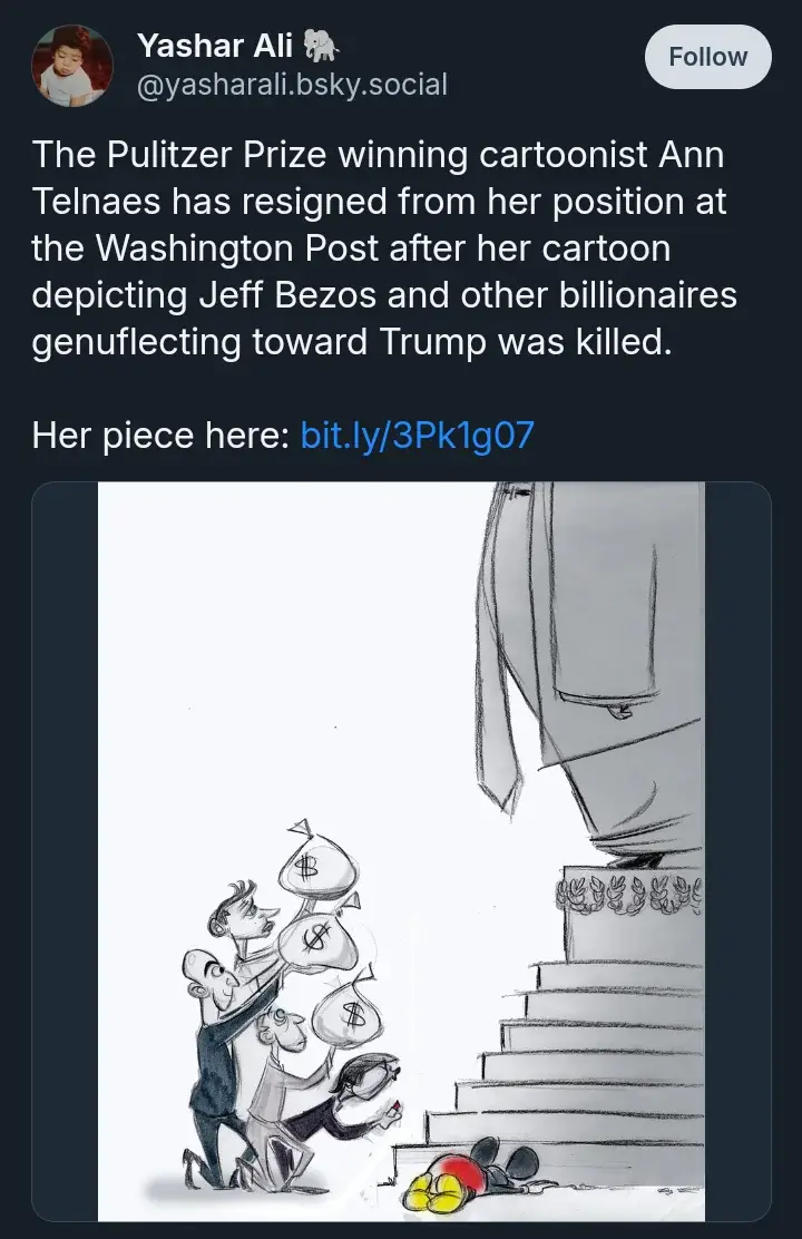 A black-and-white political cartoon shows several billionaires kneeling and offering money bags to a giant statue of Donald…