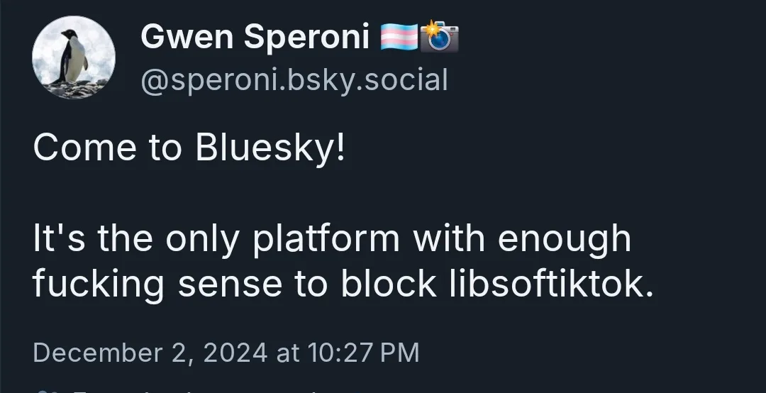 A screenshot of a Bluesky social media post by user Gwen Speroni, featuring a penguin profile picture and a dark background…