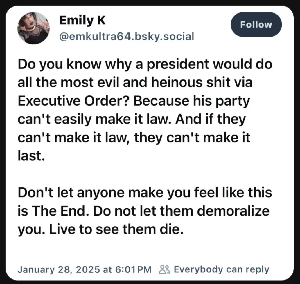 A screenshot of a social media post by Emily K, showing a text message that explains why a president might use executive…