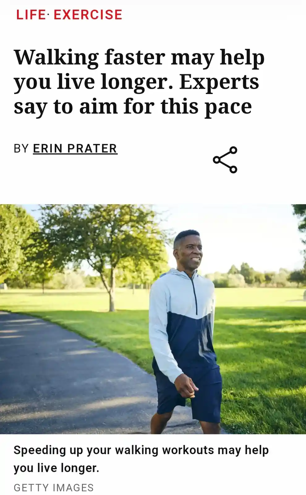 A man in athletic wear walks on a paved path through a grassy park with trees. The image is overlaid with text from a health…