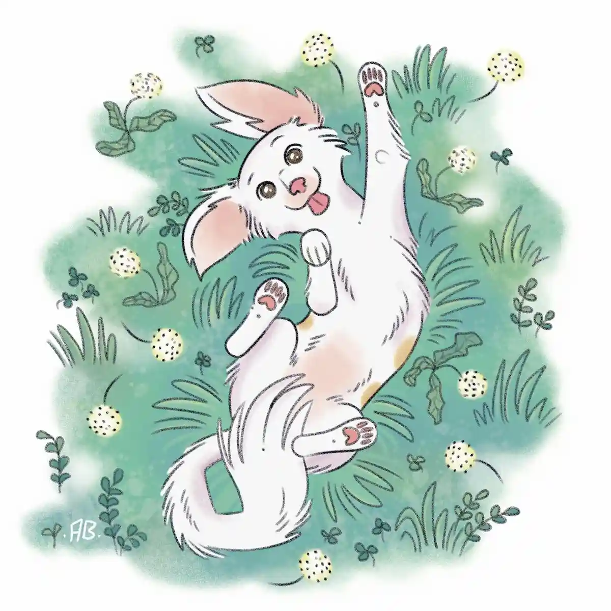 A cartoon illustration of a white, fluffy, long-eared creature (resembling a fox or cat) lying on its back in a grassy field…