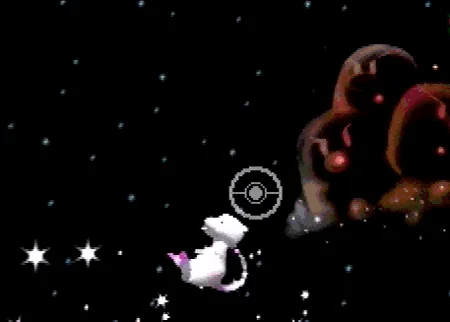A six-panel sequence from a Pokémon game shows Mewtwo battling a large, shadowy Pokémon in space. In the first three panels…