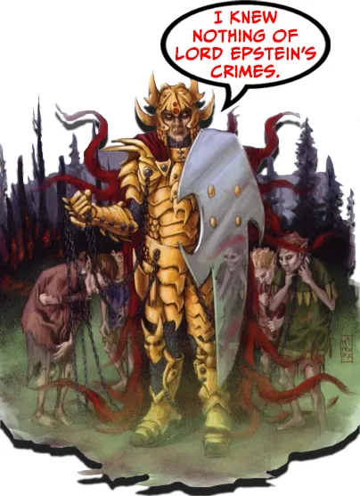 A fantasy illustration depicts a menacing, horned, armored figure holding a large shield and chains, standing before a group…