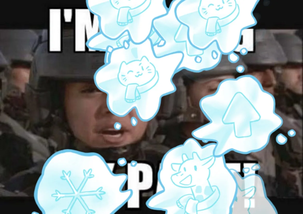 A soldier with a shocked expression is overlaid with cartoon snowflakes containing cute winter-themed drawings like cats in…