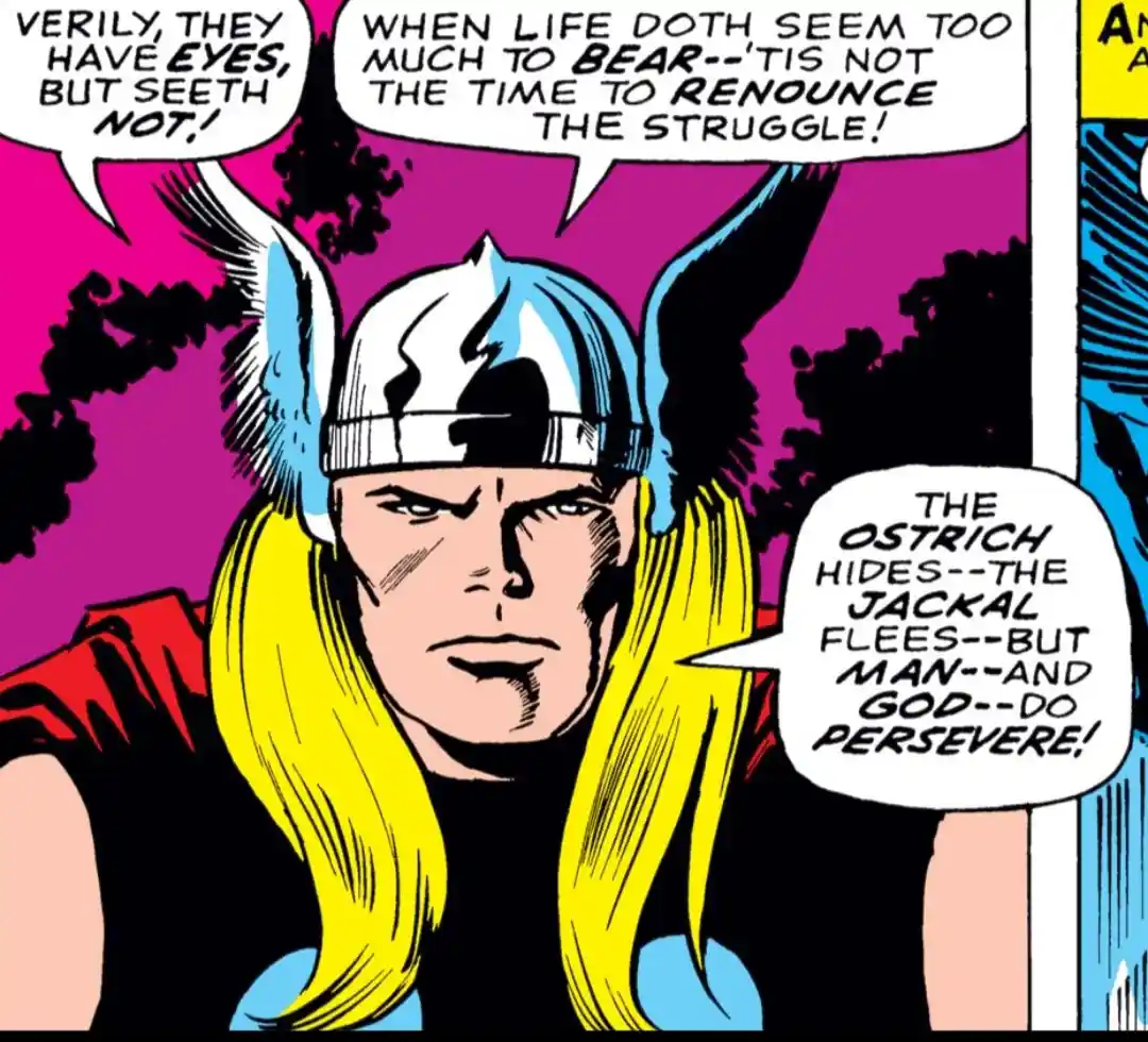 A comic book panel of Thor with a stern expression, wearing his iconic winged helmet and red cape against a magenta…