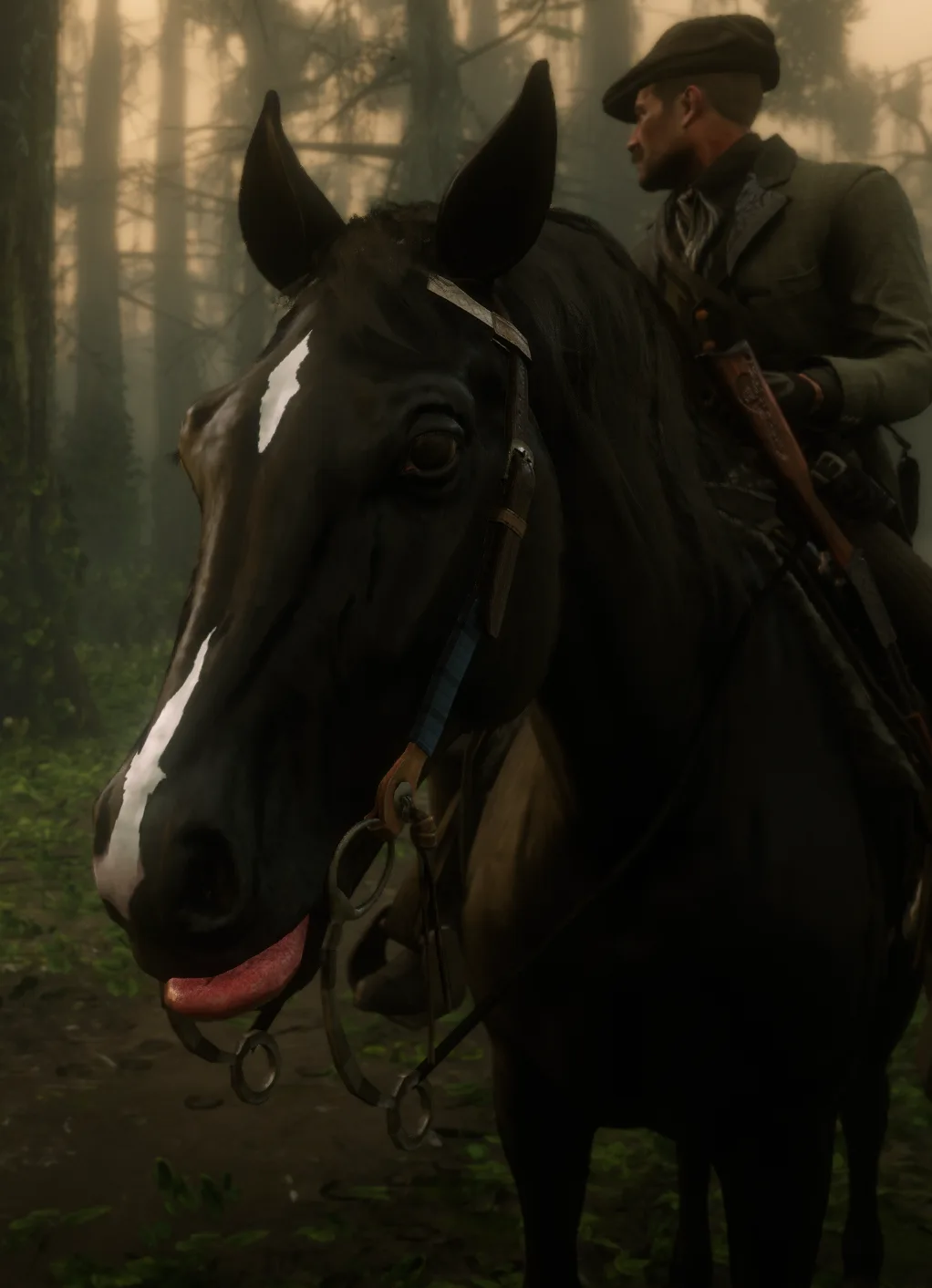 A close-up of a black horse with white markings on its face, sticking its long pink tongue out, while a man in period…