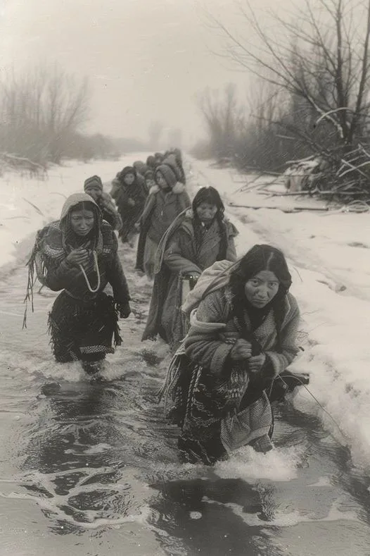 A black-and-white historical photograph shows a line of Indigenous women and children wading through a snowy, icy stream in…